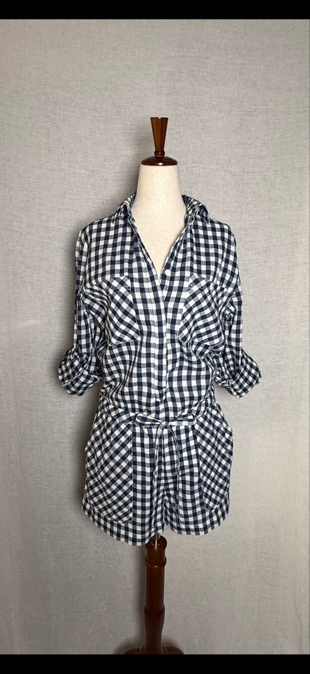 Denim & Supply Ralph Lauren Gingham Plaid Romper Roll Sleeve Blue White Cotton
M